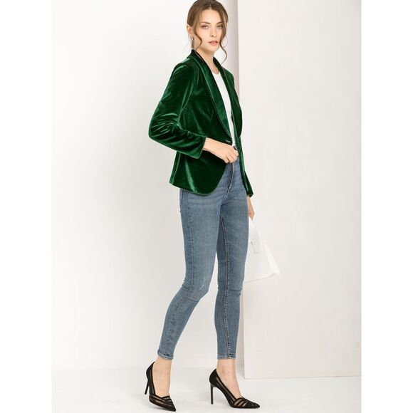 Women's Coat Solid Shawl Collar 1 Button Velvet Blazer Green - Picture 4 of 6